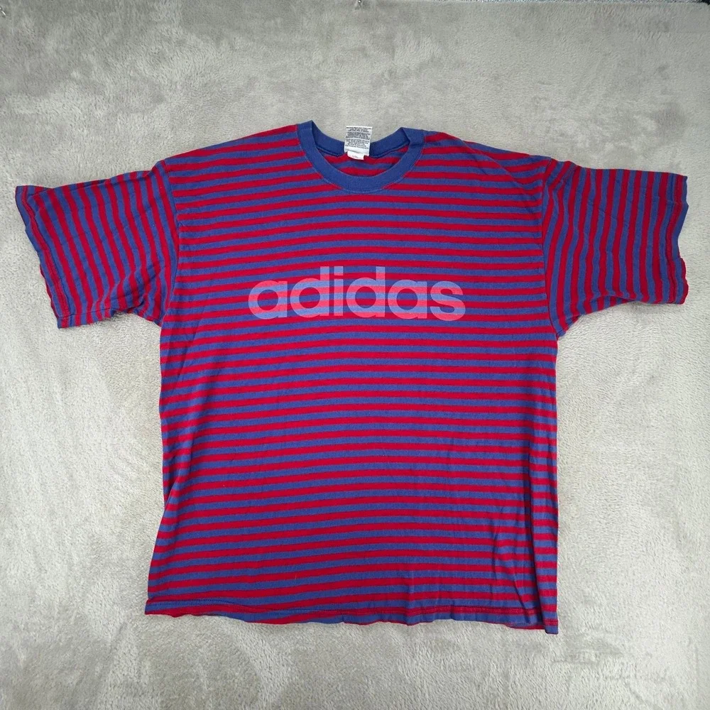 VTG Adidas Mens T Shirt Large Red Blue Striped Preowned Made In USA Short Sleeve